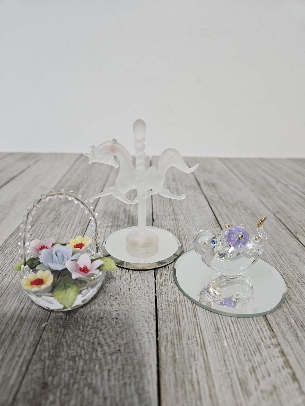 3 Miniature Vintage Crystal Glass Figurines on Mirrored Bases Lot Set Carousel